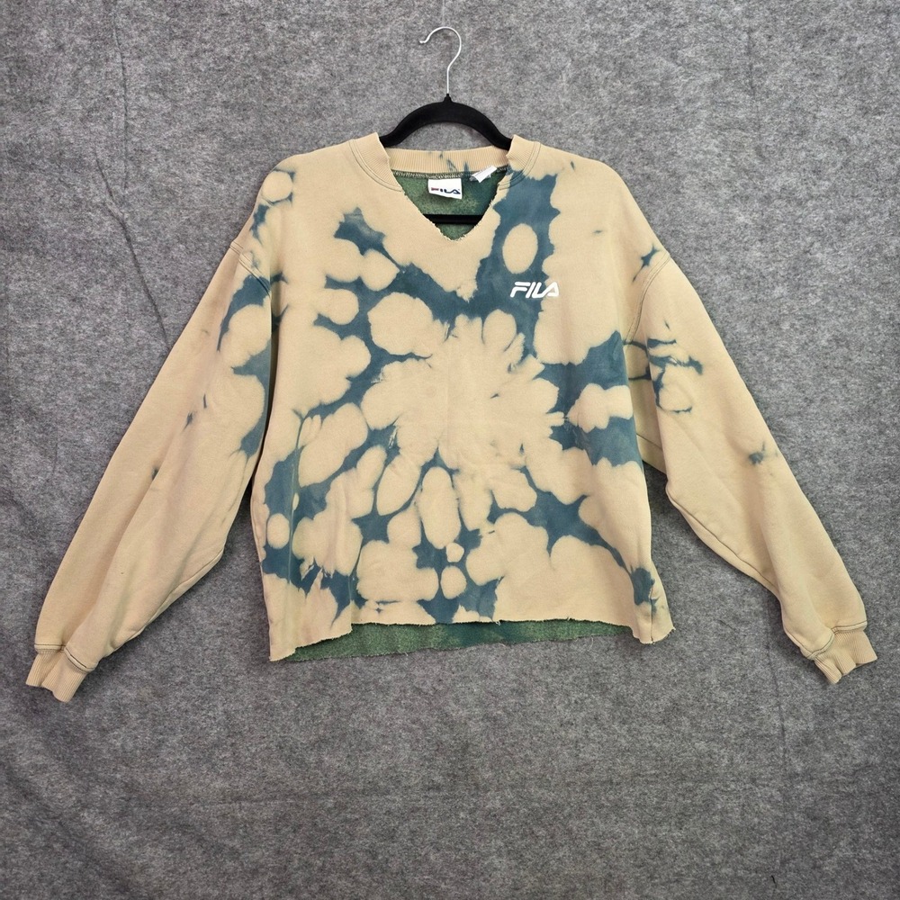 Fila Custom Tie Dye Sweatshirt Small Tan Blue Raw Hem V-Neck Pullover Logo
